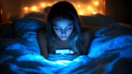 Woman Using Smartphone in Bed at Night with Fairy Lights