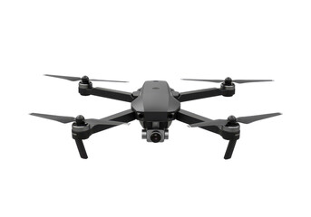 A modern black drone with camera and extended propellers, isolated on a white background