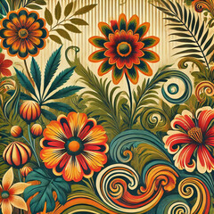 Fototapeta premium Groovy Retro Floral Design with Oversized Flowers and Tropical Vines in Deep Green