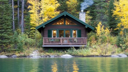 Obraz premium Cozy Log Cabin Lakeside Autumnal Setting