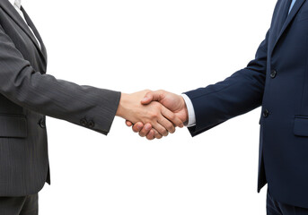 Two hands in a firm handshake, both wearing formal suits, isolated on a white background