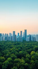 Fototapeta premium Business growth ethical concept. Urban skyline above lush green forest at dawn.