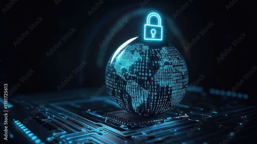 Aufkleber a digital illustration of a secure world globe, symbolizing cybersecurity and data protection in mod