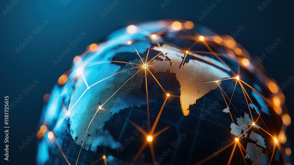 Poster a digital globe showcasing interconnected networks and global connectivity.