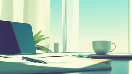 Fototapeta premium A serene workspace with a laptop, cup, and notebook, promoting productivity and focus.
