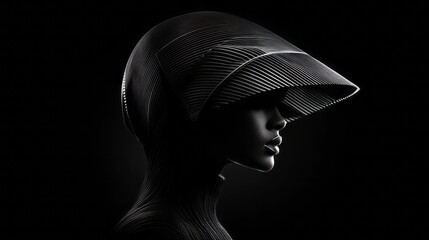 Futuristic design of an extravagant black hat on the head of an elegant woman. Black background. 10