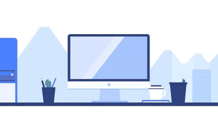 A minimalist workspace featuring a computer, plants, and office supplies.