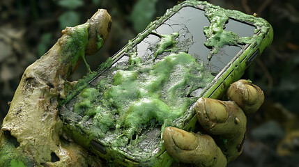 Slimy Hand Holds Damaged Phone: Disgusting Decay and Grime