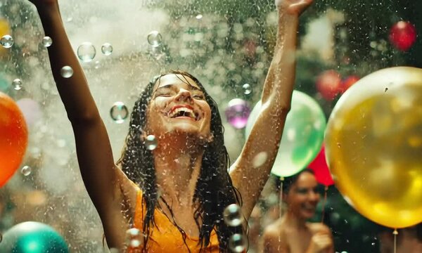 Moments of Joyful Expression with Bubbles Laughter Rain Dance and Cheerful Instrumental Track