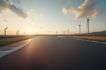 Fototapeta premium empty highway and wind turbines at sunset