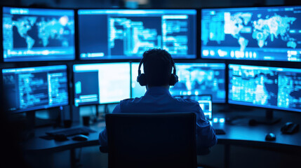A focused individual wearing a headset monitors multiple screens in a darkened environment, showcasing advanced technology and analytics.