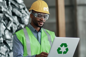 Recycle material advancement concept. Worker in safety gear using a laptop in a recycling facility.
