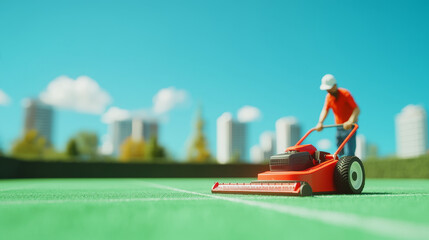 professional landscaper operates lawnmower on green field, showcasing skill