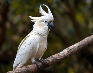 A close-up of a cockatoo perched on a branch shows its colorful plumage and expressive gaze.