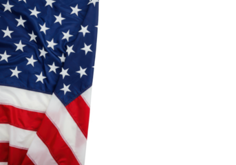 A rippling American flag with stars and stripes draped partially, isolated on a white background