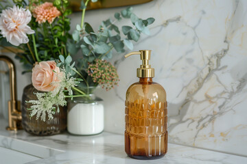 Fototapeta premium Luxury glass soap dispenser with marble base, elegant and modern design.
