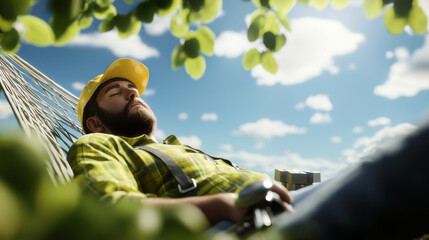Relaxing repairman in hammock with tools nearby under sunny sky