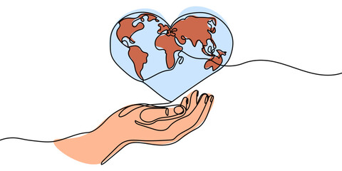 Human hand holding Earth globe continuous line art drawing. Save of Planet linear concept. Vector illustration isolated on white.