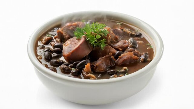 A hearty black bean stew with sausage and fresh parsley garnish served in a white ceramic bowl