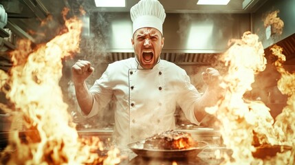 A chef in a kitchen passionately reacting to a flaming dish.