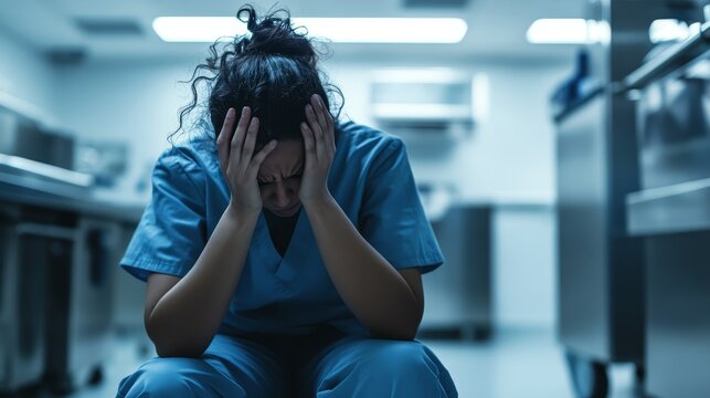 A healthcare worker in distress, sitting on the floor, conveying emotional turmoil in a clinical setting.