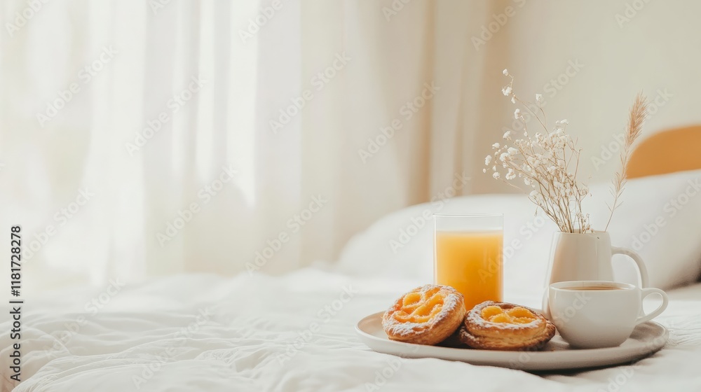 Poster room service is serving breakfast in bed with pastries, orange juice, coffee and flowers in a vase o
