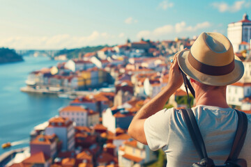 Fototapeta premium Traveler with a vintage camera, exploring and capturing memories concept.