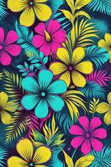 Groovy 70s-Inspired Floral Pattern with Bold, Abstract Flowers and Tropical Leaves