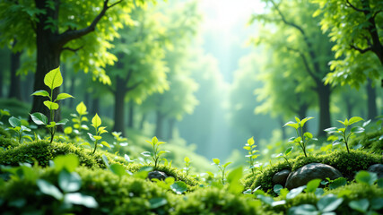 A serene forest scene with vibrant greenery, moss-covered ground, and gentle sunlight filtering through trees.