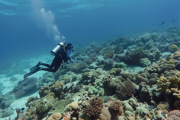 Tropical island scuba diving, underwater adventure travel concept.