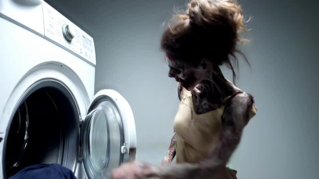 Zombie bride with a torn dress standing by a washing machine in a haunting scene