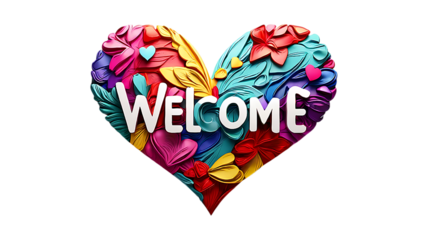 Welcome message in heart shape on transparent background.
