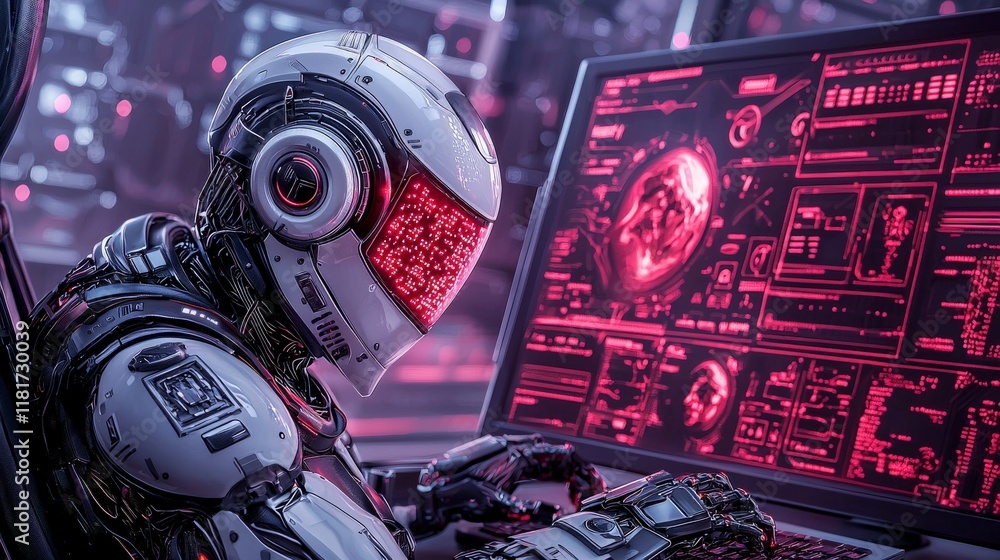 Poster futuristic robot engaged in data analysis with neon displays and high-tech interface in a cyber envi