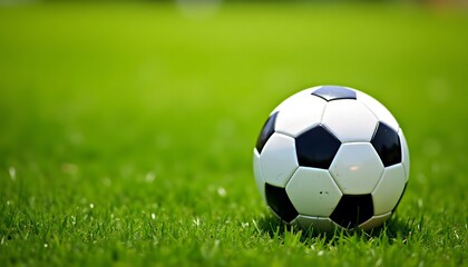 Obraz premium Soccer ball on lush green grass under bright light