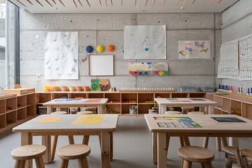 Creative exploration in a kindergarten painting classroom full of art materials