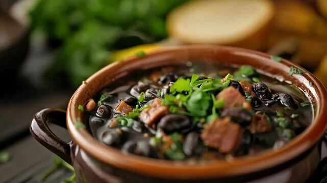 A rustic brown bowl filled with black bean stew, tender sausage pieces, fresh herbs, and green garnish