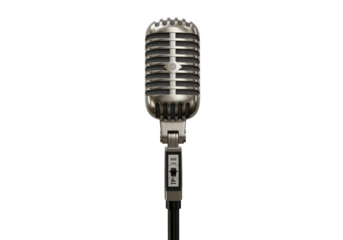 A vintage-style microphone with a polished metallic finish, mounted on a stand, isolated on a white background