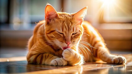 Adorable Ginger Cat Silhouette Washing Face Closeup - Pet Photography