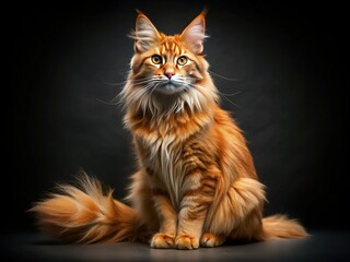 Obraz premium Adorable Ginger Maine Coon Kitten with Fluffy Tail, Curious Gaze, Black Background