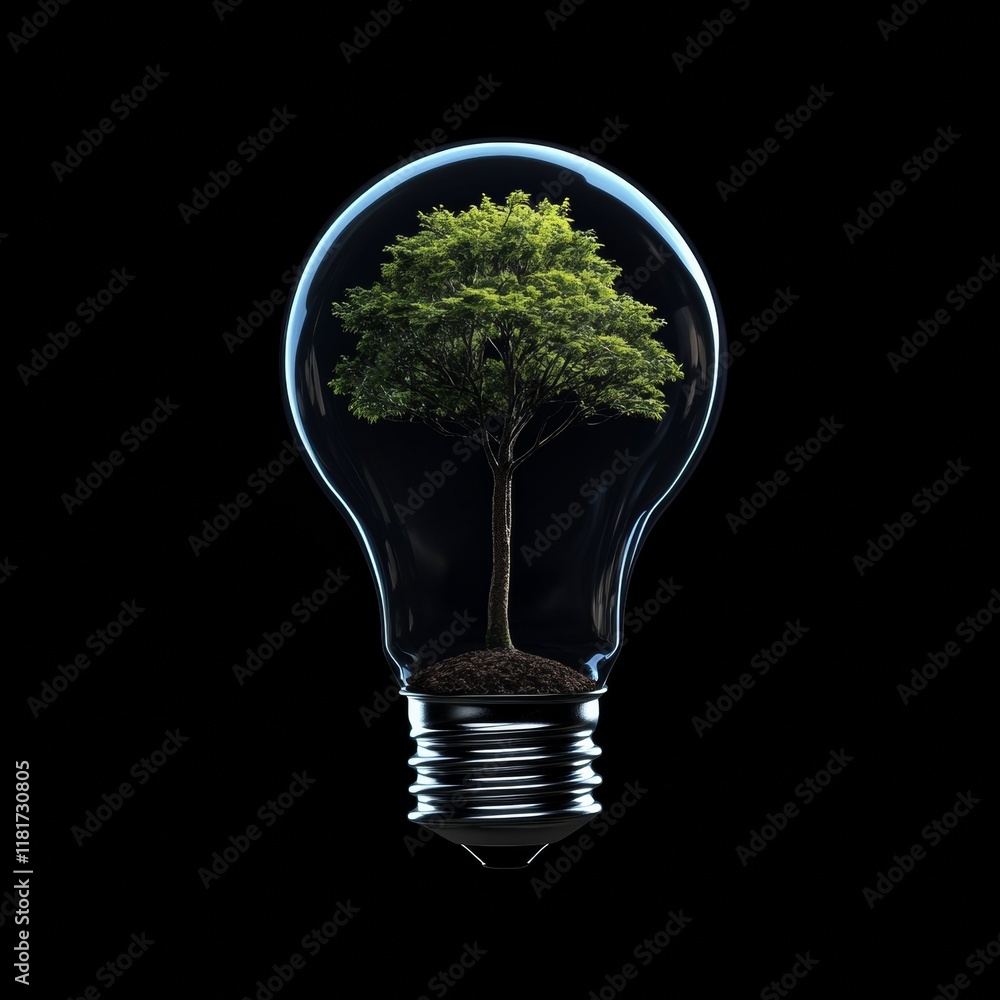 Poster a small green tree grows inside a lightbulb