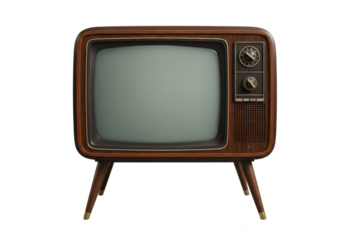 A retro television with a wooden frame, angled legs, and a rounded screen, isolated on a white background