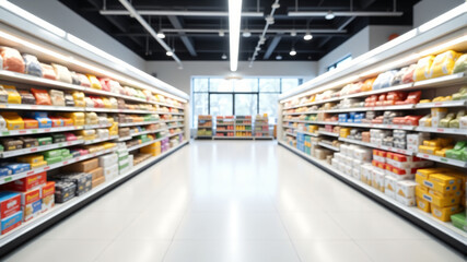 A vibrant grocery store aisle showcasing a variety of colorful products on neatly arranged shelves.