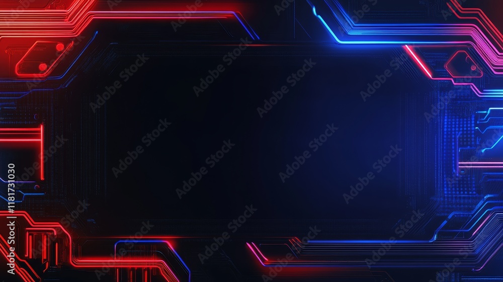 Poster a futuristic digital background with neon circuit patterns in red and blue.