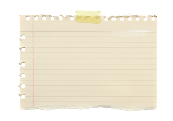A piece of lined beige paper with a torn bottom edge, secured with a piece of yellow tape at the top, isolated on a white background