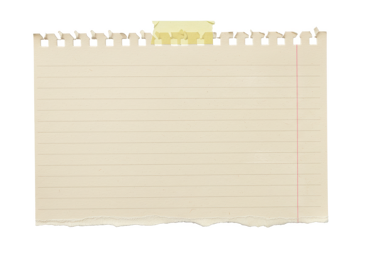 A piece of lined beige paper with a torn bottom edge, secured with a piece of yellow tape at the top, isolated on a white background