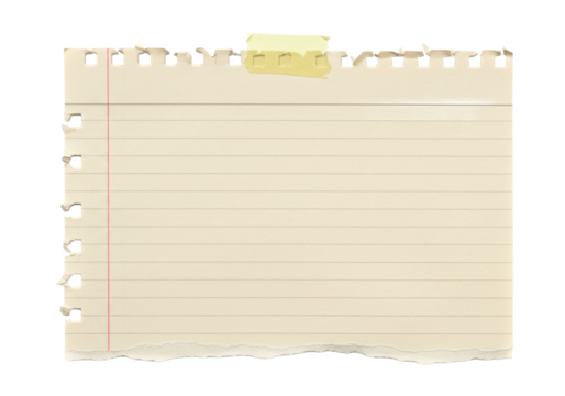 A piece of lined beige paper with a torn bottom edge, secured with a piece of yellow tape at the top, isolated on a white background