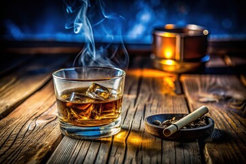 Alcohol and Cigarettes on Rustic Wood: Social Issue Stock Photo