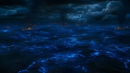 Naklejka premium Dark Ocean Gloom Burning Cityscape Under Stormy Skies