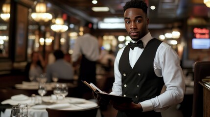 A waiter in formal attire holds a menu in a bustling restaurant setting.