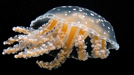Graceful jellyfish swimming in deep ocean underwater photography marine life dark environment close-up view nature
